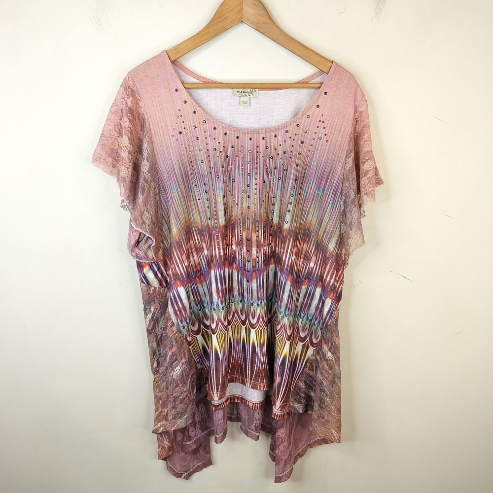 One World Top 1X Women's Pink Lace Abstract Stripe Studded Boho Fairy